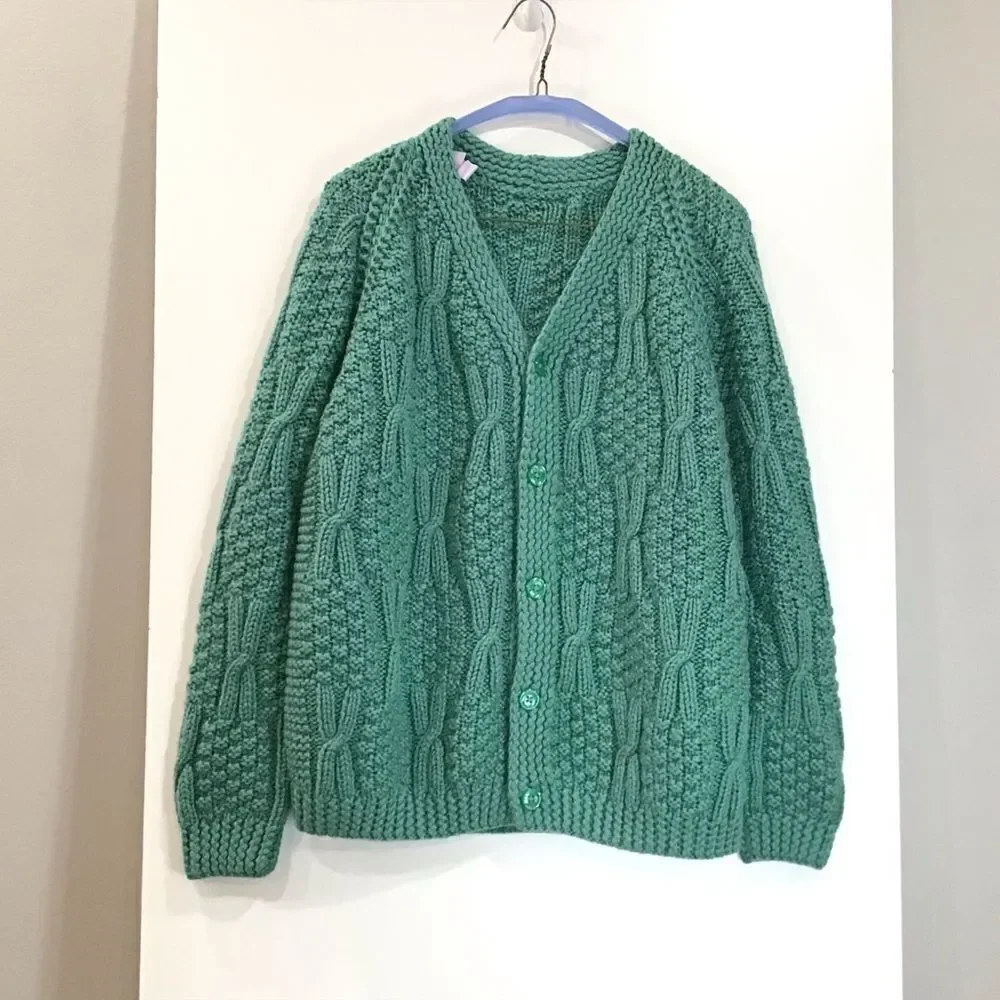 Cable Knit Cardigan, Green Teal